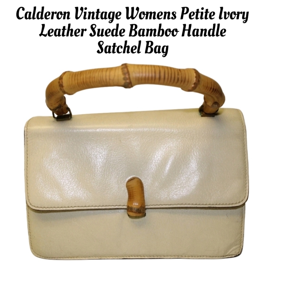 Calderon Vintage Womens Petite Ivory Leather Suede Bamboo Handle Satchel Bag